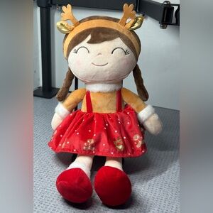 Gloveleya Soft Plush Girl Doll Holiday Edition Red Christmas Dress & Antlers